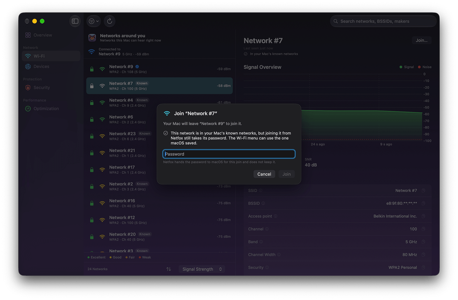 Netfox's Wi-Fi tool with the Join sheet open for Network #7: Your Mac will leave Network #9 to join it; a note that this network is in the Mac's known networks, but joining it from Netfox still takes its password; an empty password field with Join greyed out, and the line Netfox hands the password to macOS for this join and does not keep it. Behind it, the list of nearby networks with their Known chips, every one reading WPA2