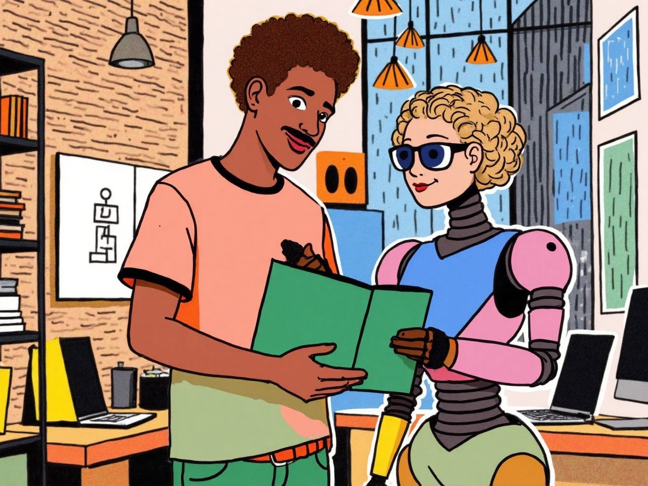 A cheerful Black male museum curator with a close-cropped afro, wearing a casual grey t-shirt and jeans, stands shoulder to shoulder with a compact, utilitarian humanoid robot with a matte black finish. They are in a cluttered, industrial-chic museum office space with exposed brick and metal shelving, during a rainy winter twilight. Both are smiling, reviewing blueprints on a large monitor, happily collaborating on museum work. A cheerful Black male museum curator with a close-cropped afro, wearing a casual grey t-shirt and jeans, stands shoulder to shoulder with a compact, utilitarian humanoid robot with a matte black finish. They are in a cluttered, industrial-chic museum office space with exposed brick and metal shelving, during a rainy winter twilight. Both are smiling, reviewing blueprints on a large monitor, happily collaborating on museum work.