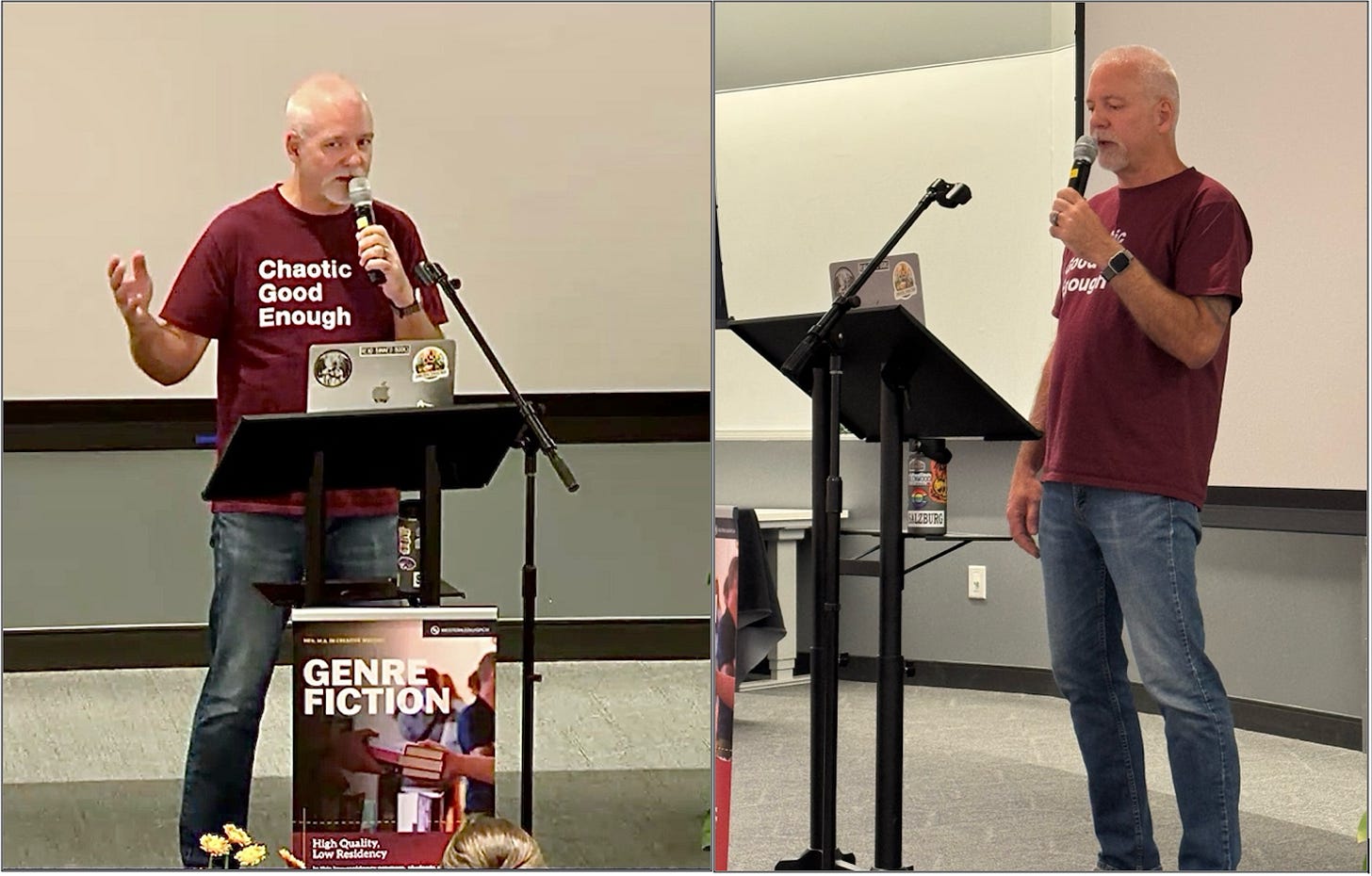 Dual-pane image showing two views of the author speaking into a microphone, wearing a T-shirt that reads "Chaotic Good Enough"