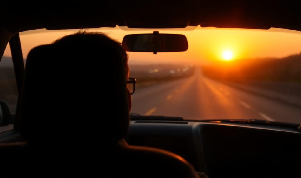 A view past the driver through a car windshield toward a sunlit road
