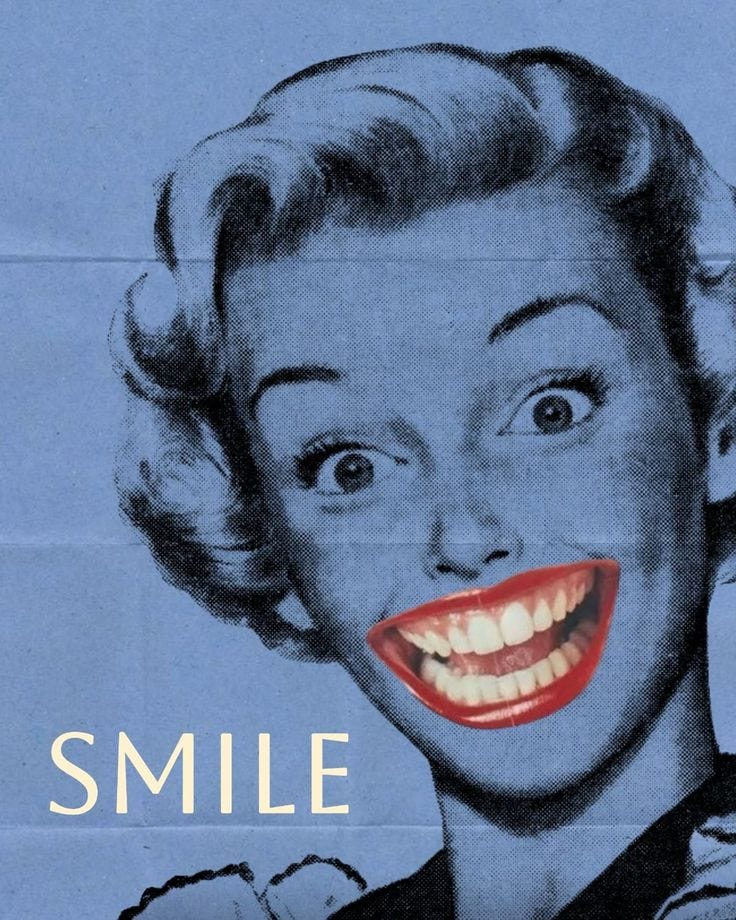This may contain: a woman with a smile on her face and the words smile are in front of her