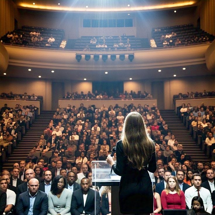 This may contain: a woman standing at a podium in front of an audience with her back to the camera