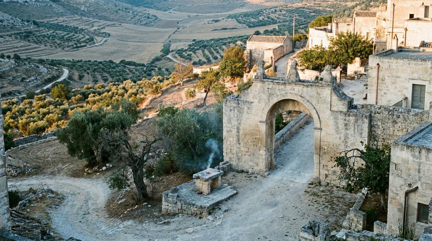 An ancient limestone city gate in a hill town at first light, a low stone altar with a thin curl of smoke, terraced olive slopes falling away below, cool dawn giving way to warm gold on pale stone, wide empty landscape, unstaged documentary style, no people, no faces, no text An ancient limestone city gate in a hill town at first light, a low stone altar with a thin curl of smoke, terraced olive slopes falling away below, cool dawn giving way to warm gold on pale stone, wide empty landscape, unstaged documentary style, no people, no faces, no text