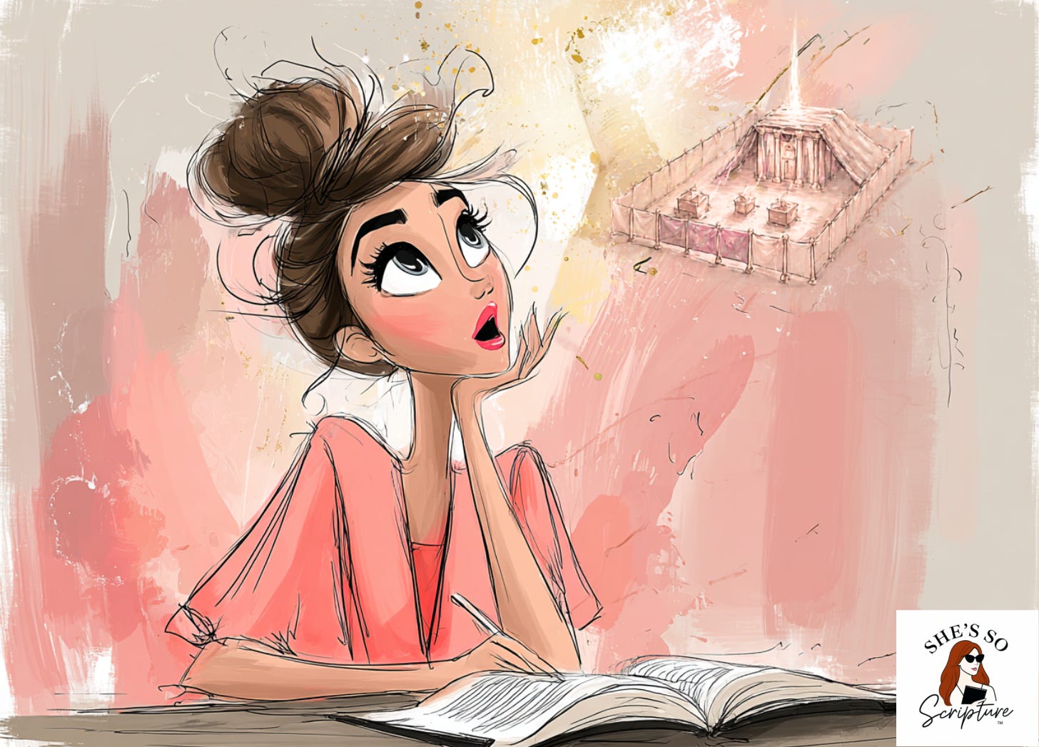 Whimsical fashion illustration of a modern woman sitting at a wooden desk reading an open Bible, a luminous ethereal vision of the ancient Tabernacle hovering like a glowing apparition above the pages of the book, soft golden light radiating from the vision, woman gazing upward in wonder