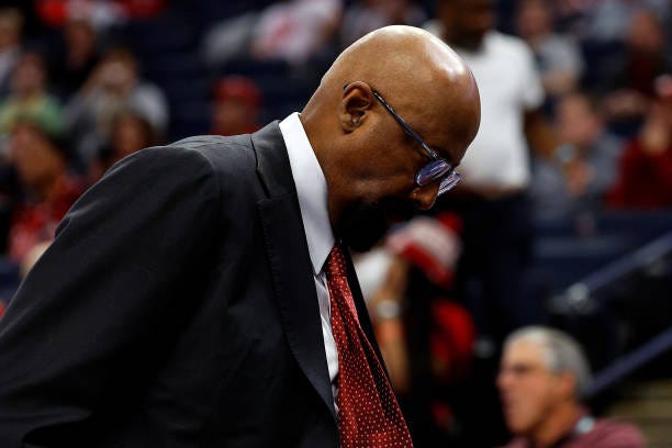 Head coach Mike Woodson of the Indiana Hoosiers walks off the court after being ejected against the Nebraska Cornhuskers in the second half at Target...