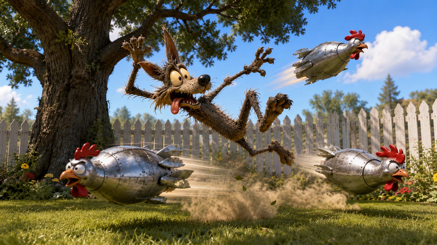 Clyde the Coyote trying to dodge metal flying chickens.