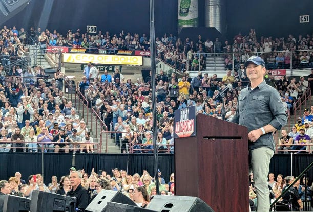Image of Todd Achilles at the "Fight Oligarchy Tour" event in Nampa on April 14, 2025, which was headlined by Bernie Sanders and AOC.