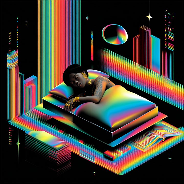 a cinematic still of an african american woman with curly hair laying on her bed, writing in a journal.