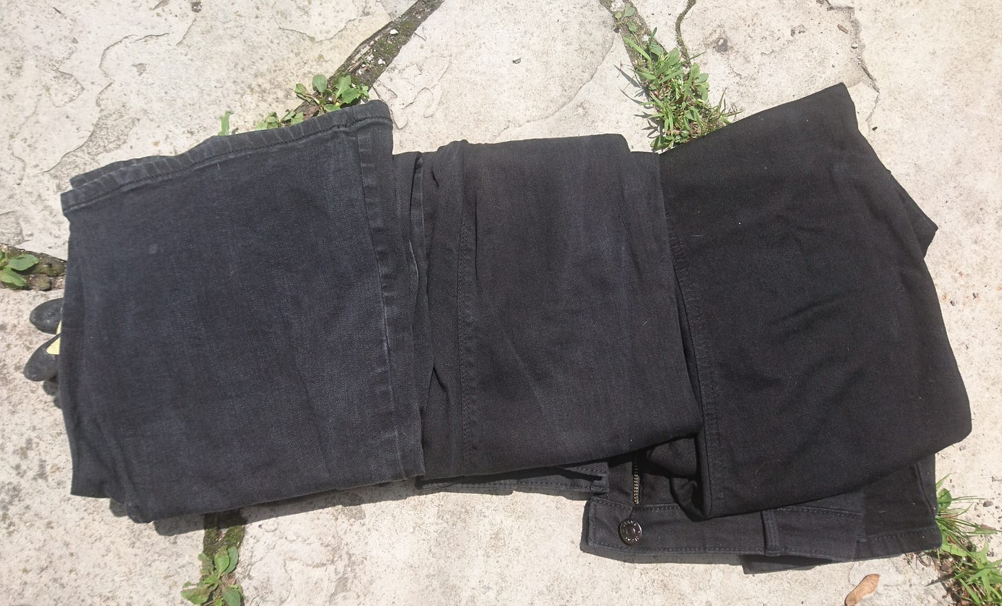 three pairs of black jeans folded into quarters and lined up on flagstones with moss between the cracks three pairs of black jeans folded into quarters and lined up on flagstones with moss between the cracks