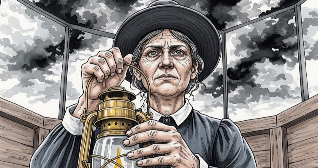 Image of middle aged widow who has now become the lighthouse keeper after her husband's death in 1847.