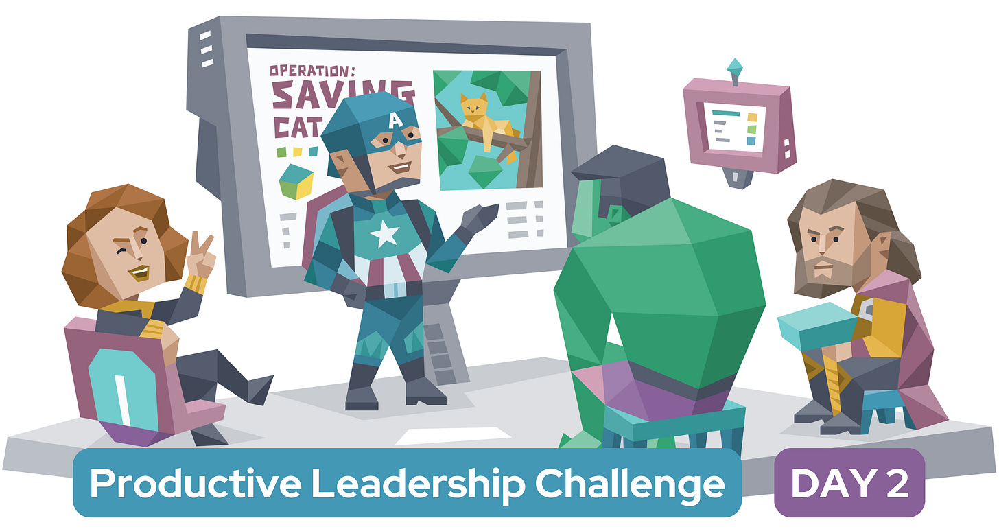 A group of leaders – four superheroes gather around a screen discussing a mission to save a cat. Text reads "Productive Leadership Challenge: Day 2" A group of leaders – four superheroes gather around a screen discussing a mission to save a cat. Text reads "Productive Leadership Challenge: Day 2"