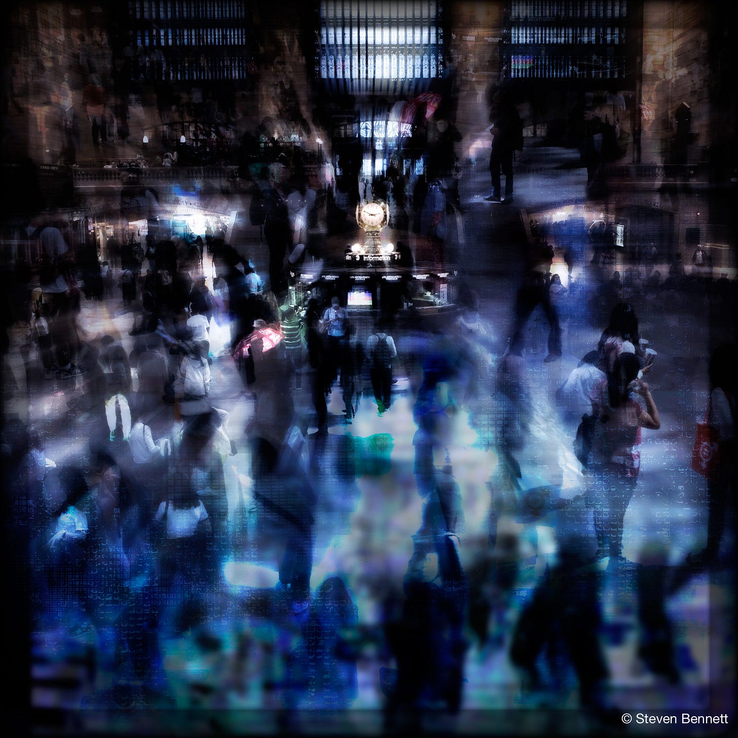 Composite photograph of the main concourse of Grand Central Terminal, seen from a balcony. Blurred crowds in blue and white tones stream across the floor toward the information booth at center, where the four-faced brass clock glows under the tall arched windows. A faint grid pattern overlays the scene Composite photograph of the main concourse of Grand Central Terminal, seen from a balcony. Blurred crowds in blue and white tones stream across the floor toward the information booth at center, where the four-faced brass clock glows under the tall arched windows. A faint grid pattern overlays the scene