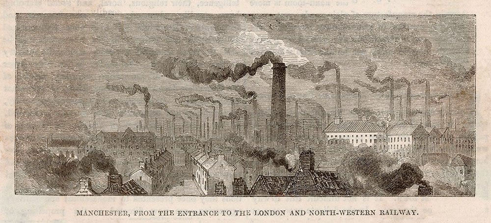 A moody drawing of rows of terraced houses and factories with many chimneys releasing clouds of smoke
