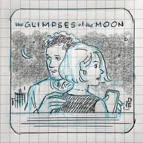 Hand drawn illustrations, sketched in shades of blue and gray. The images depict a woman and man with a crescent moon and city skyline in the background. The woman, facing to the left, holds a smartphone in her hand, while the man looks forward. Text below the figures reads “the GLIMPSES of the MOON” below that, in smaller print, “EDITH WHARTON.”