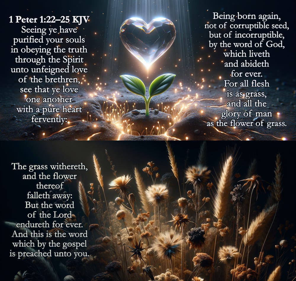 Inspirational **1 Peter 1:22-25 KJV** scripture art. The top panel features a glowing crystal heart above a sprouting plant, symbolizing purity, love, and spiritual rebirth through God's word. The bottom panel showcases withering grass and fading flowers, illustrating the temporary nature of human life compared to the eternal endurance of God's word. A visually stunning blend of light, nature, and divine truth.