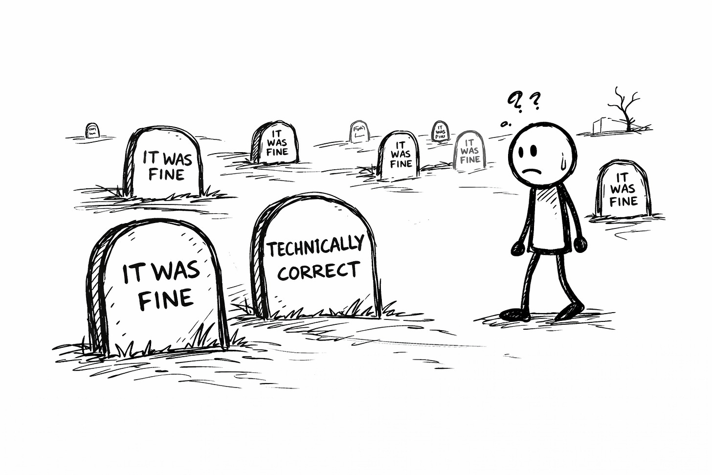 Hand-drawn graveyard illustration with headstones reading “it was fine,” “technically correct,” and “nobody complained,” showing how adequate content leaves no lasting memory or impact. Hand-drawn graveyard illustration with headstones reading “it was fine,” “technically correct,” and “nobody complained,” showing how adequate content leaves no lasting memory or impact.