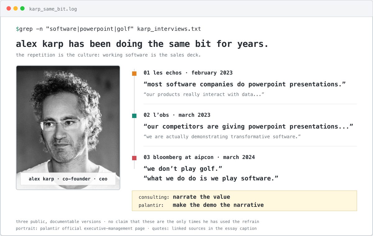 alex karp repeatedly contrasts palantir software with powerpoint, steak dinners, and golf