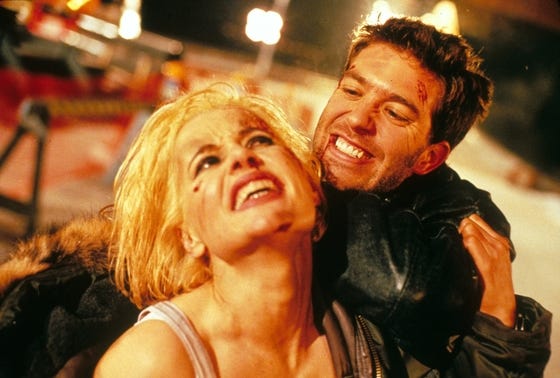 Charly Baltimore (Geena Davis) is under the thumb of the villainous Timothy (Craig Bierko), but not for long in "The Long Kiss Goodnight," Renny Harlin's 1996 action-thriller for New Line Cinema.