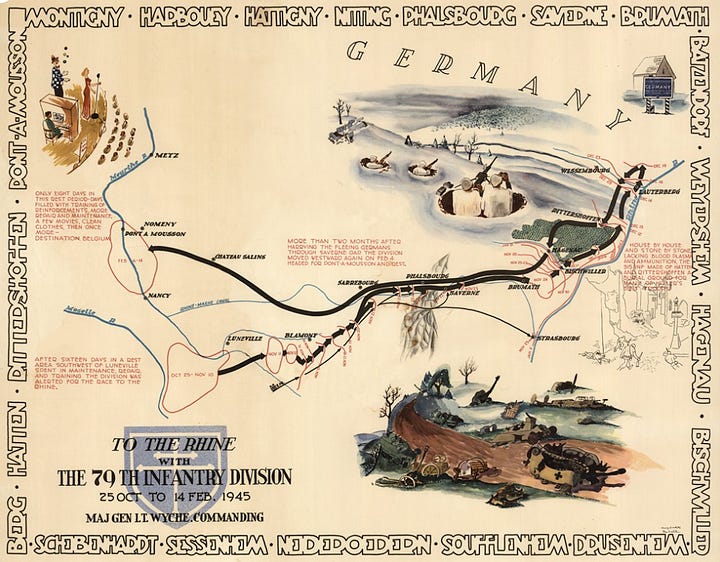 Over the Rhine with the 79th Infantry Division, 17 Feb to 9 May 1945 (1945) Through France with the 79th Infantry Division, 14 June to 29 Aug, 1944 (1944) To Belgium and back with the 79th Infantry Division, 31 Aug to 25 Oct, 1944 (1944) To the Rhine with the 79th Infantry Division, 25 Oct to 14 Feb. 1945 (1945)