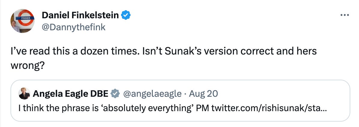 Danny Finkelstein tweet defending Rishi Sunak