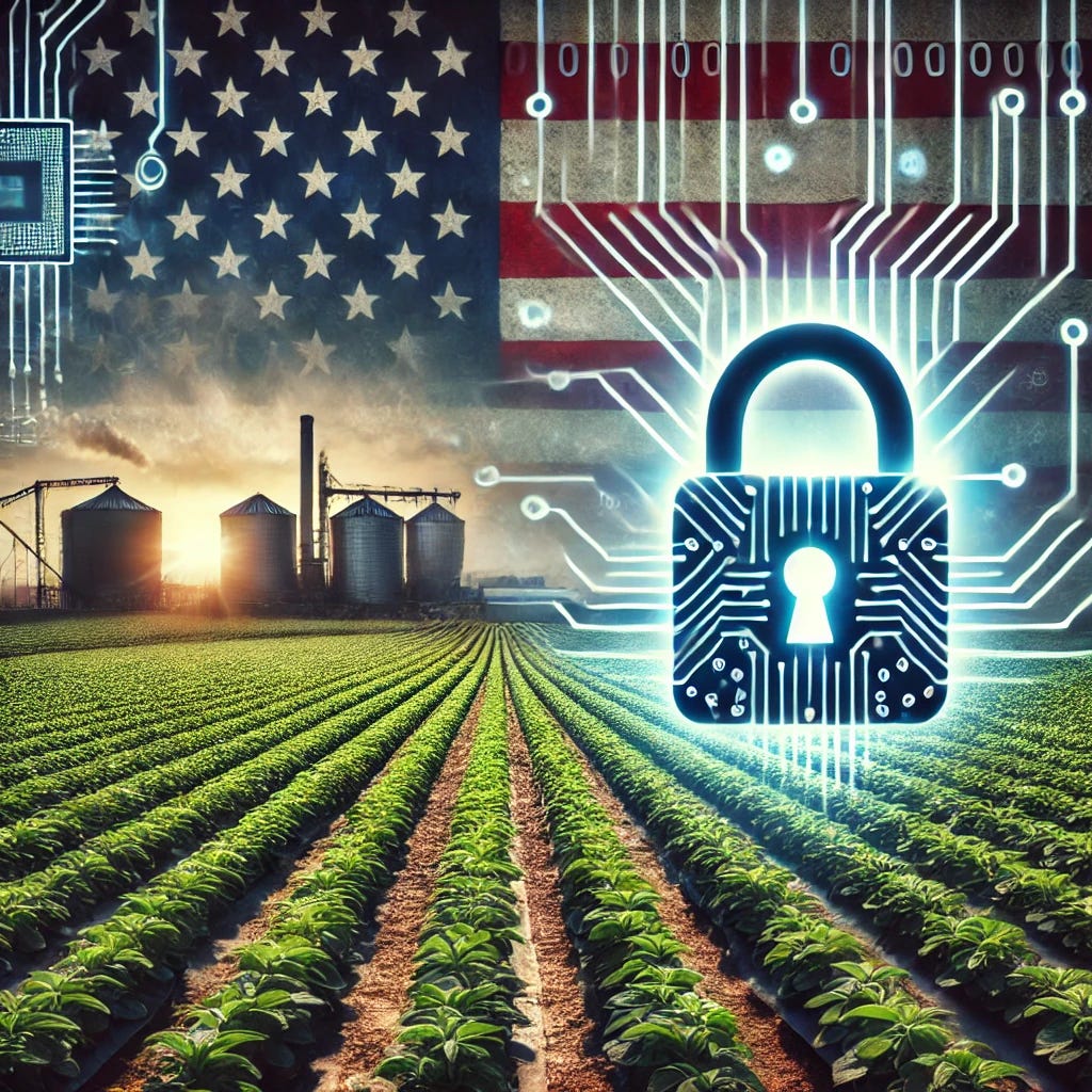 A visually striking image illustrating the vulnerability of the U.S. food and agriculture sector to cyberattacks. Depict a large agricultural field in the background with rows of crops, while in the foreground, digital elements like binary code, circuit boards, and a glowing padlock symbolize cyber threats. The overall tone should be serious, highlighting the importance of cybersecurity in food supply chains.