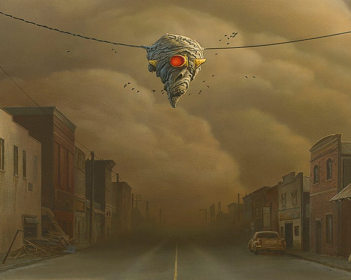 LEFT: Detail from HARBINGER featuring a traffic light papered over with a giant wasp nest set against a billow dust storm as it rolls down mainstream toward the viewer. RIGHT: Background detail from HARBINGER featuring an overturned car wreck. Fabric spills out the window and a colorful rag doll rests on the ground. The window of the corner shop proudly displays an eagle with red white and blue wings spread wide. A tattered flyer posted on the wall is unreadable.