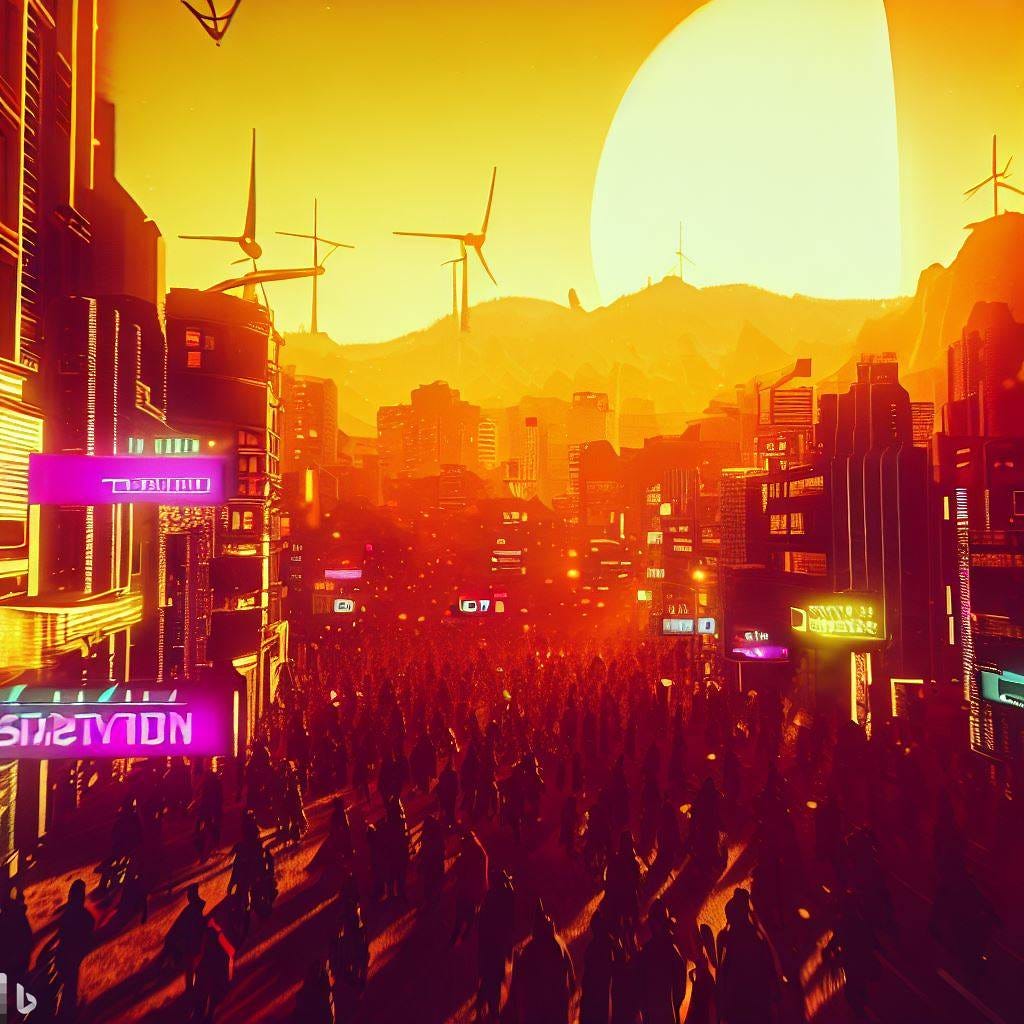 Bustling metropolis, wide angle, golden hour, hot sun, LED signs in the city, solar panels on buildings, mountains in the distance with wind turbines, people everywhere. Cyberpunk. Bustling metropolis, wide angle, golden hour, hot sun, LED signs in the city, solar panels on buildings, mountains in the distance with wind turbines, people everywhere. Cyberpunk.