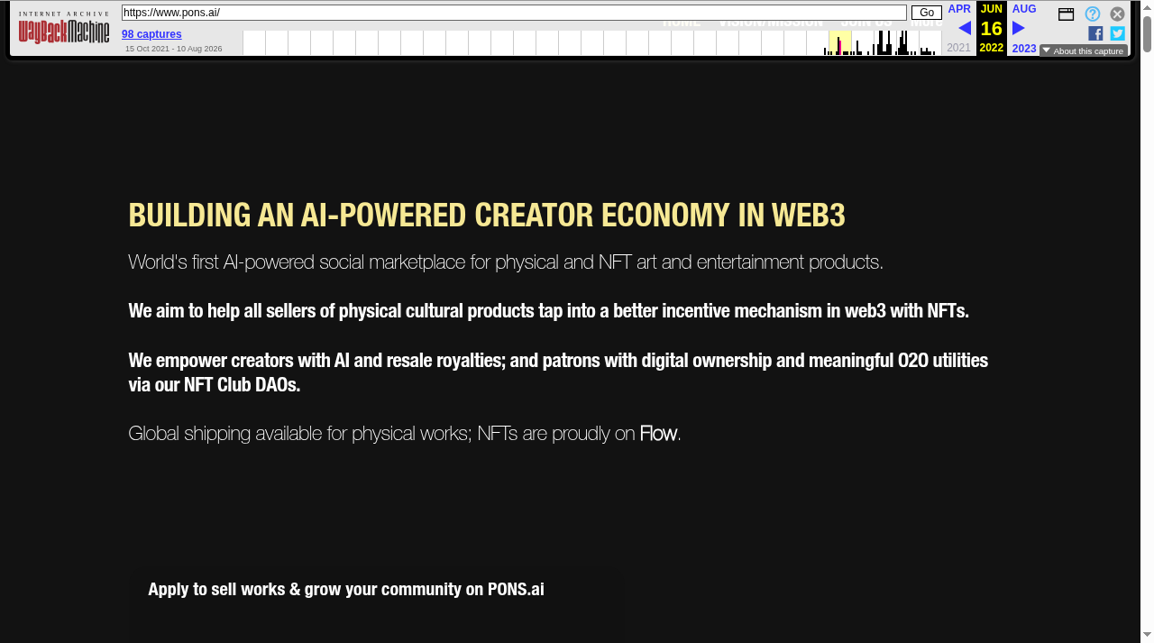 Wayback Machine capture of pons.ai dated 16 June 2022. Headline reads BUILDING AN AI-POWERED CREATOR ECONOMY IN WEB3, describing an AI-powered social marketplace for physical and NFT art, resale royalties and NFT Club DAOs on Flow.