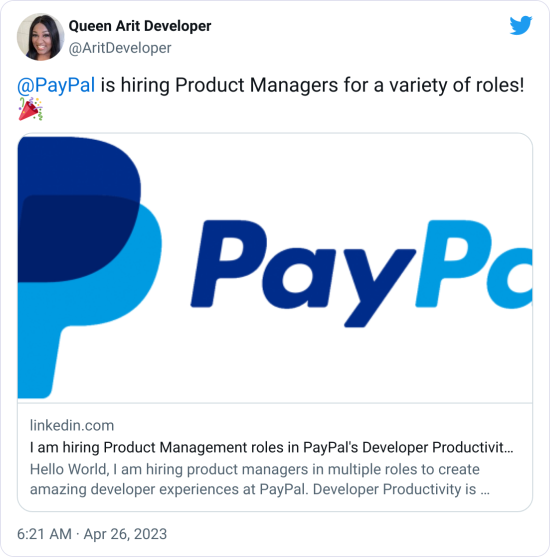Queen Arit Developer @AritDeveloper @PayPal is hiring Product Managers for a variety of roles! 🎉 Queen Arit Developer @AritDeveloper @PayPal is hiring Product Managers for a variety of roles! 🎉