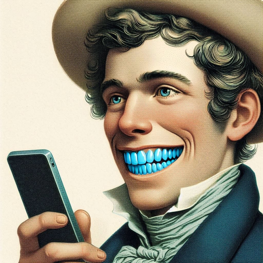 A person with blue teeth using a cell phone in the style of audubon