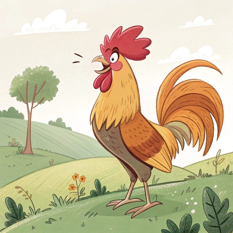 A handsome grownup rooster, chest puffed up and in the act of crowing. 