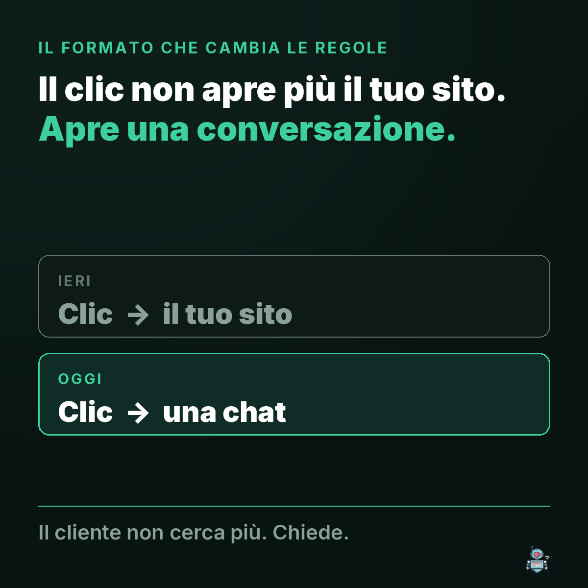 Il clic non apre più il tuo sito, apre una conversazione: ieri clic verso il sito, oggi clic verso una chat con l'intelligenza artificiale Il clic non apre più il tuo sito, apre una conversazione: ieri clic verso il sito, oggi clic verso una chat con l'intelligenza artificiale