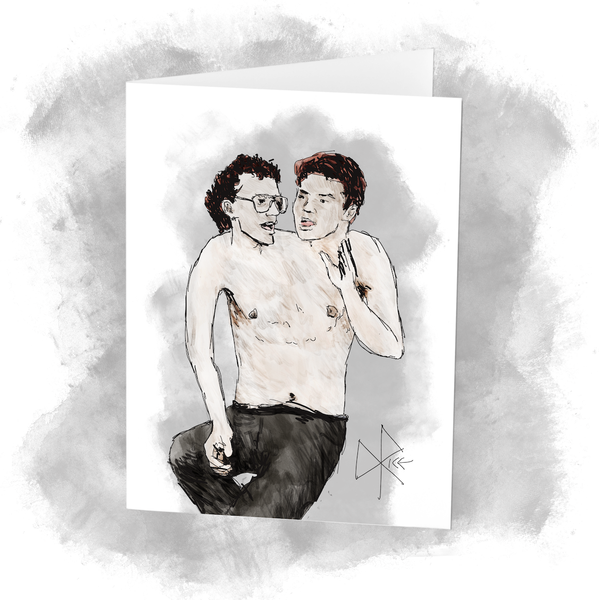 A shirtless two-headed man argues with themself, ready to come to blows. Sketch art by Don Rice. A shirtless two-headed man argues with themself, ready to come to blows. Sketch art by Don Rice.