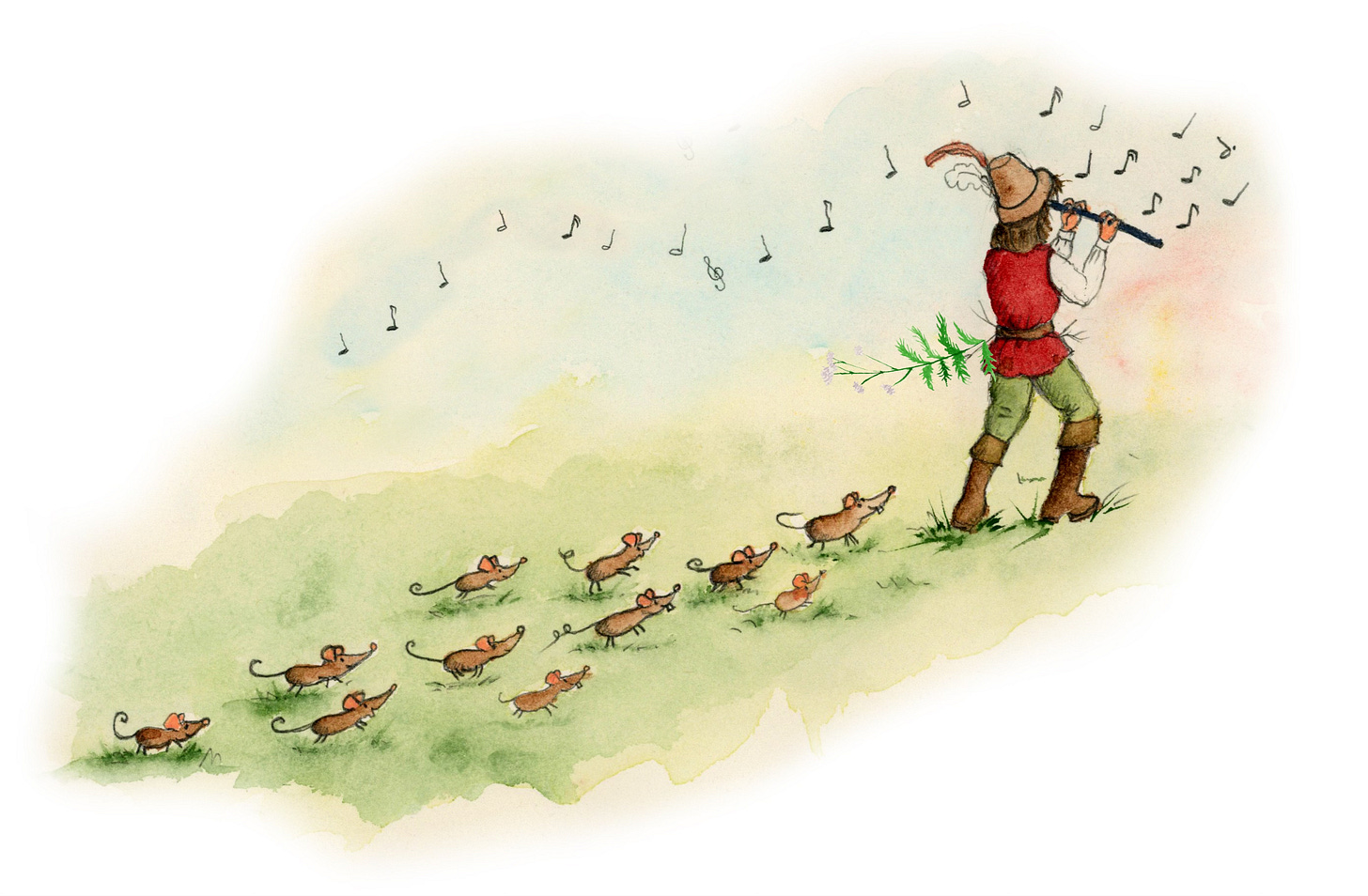 illustration of the Pied Piper and rats following him