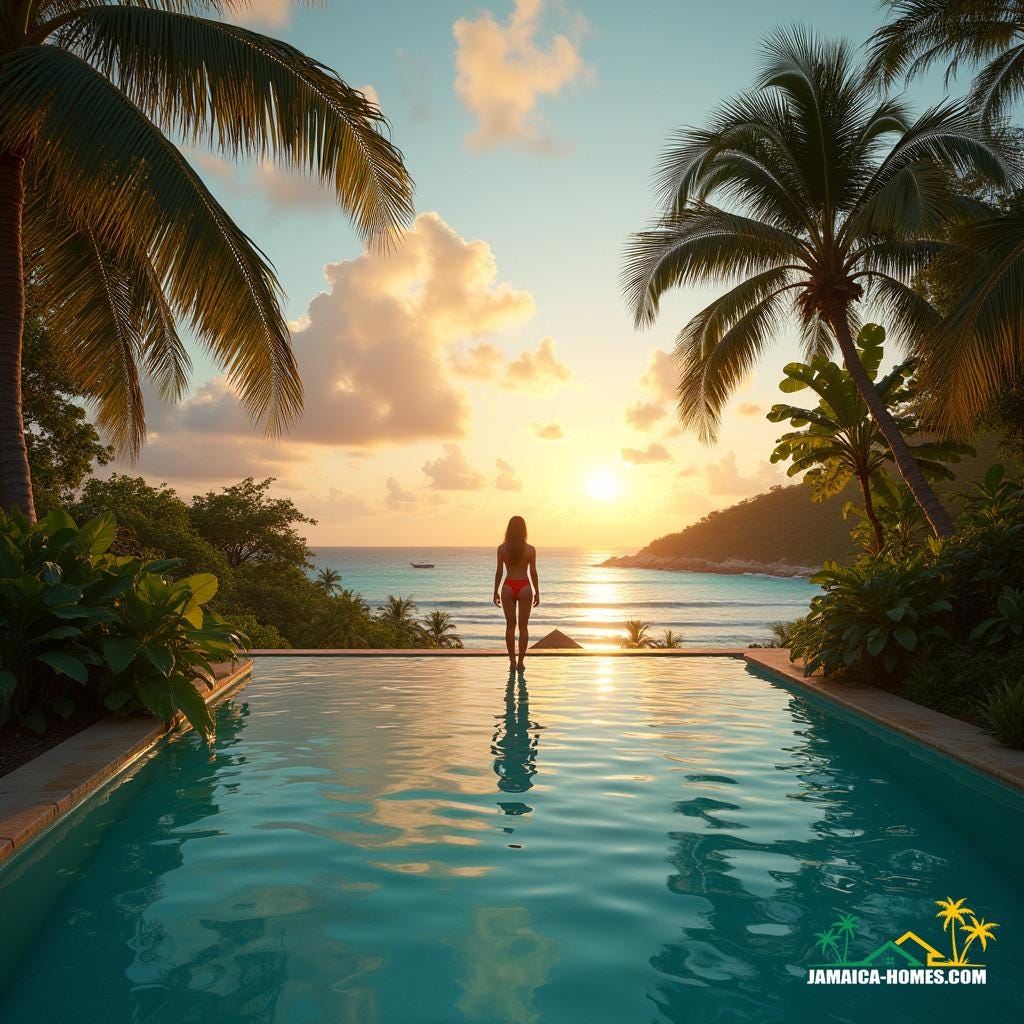 Luxurious Jamaican resort, lush green palm trees swaying gently in the Caribbean breeze, turquoise ocean waves crashing against the shore, warm golden light casting long shadows across the pristine white sand beach, cinematic composition