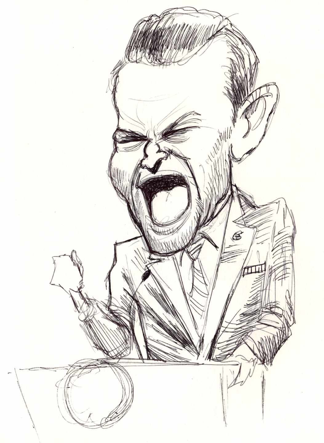 Ballpoint caricature of Petey Hegseth yelling at a podium. Ballpoint caricature of Petey Hegseth yelling at a podium.