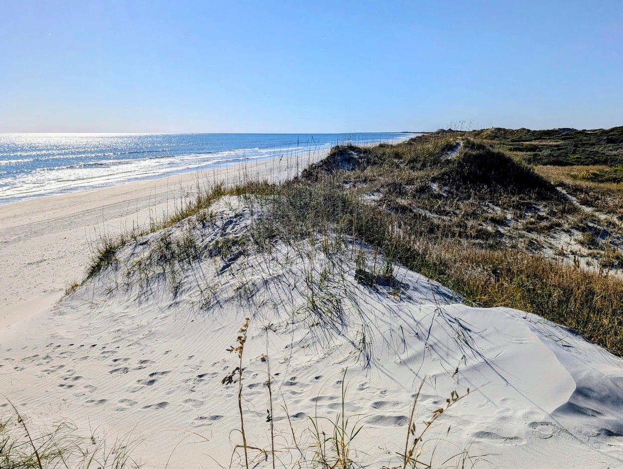 A view of a sparkling blue sea beneath a cloudless blue sky, as seen from sand dunes above the beach.. A view of a sparkling blue sea beneath a cloudless blue sky, as seen from sand dunes above the beach..