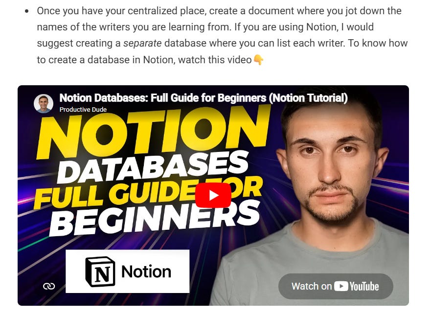 Substack article example with an embedded YouTube tutorial video about creating Notion databases Substack article example with an embedded YouTube tutorial video about creating Notion databases