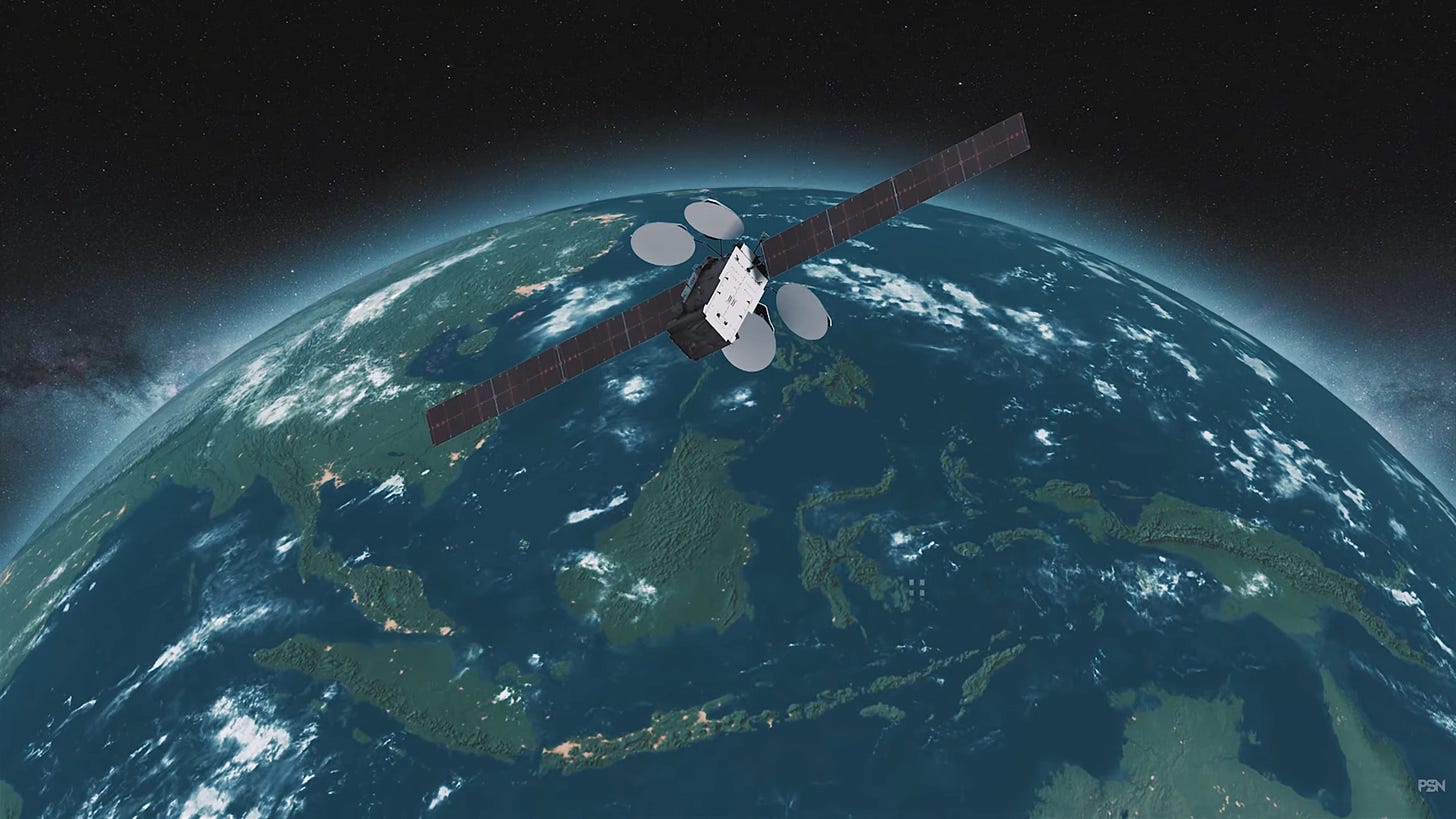 Illustration of Indonesia’s Nusantara Lima communications satellite operating in orbit above Southeast Asia to expand digital connectivity.