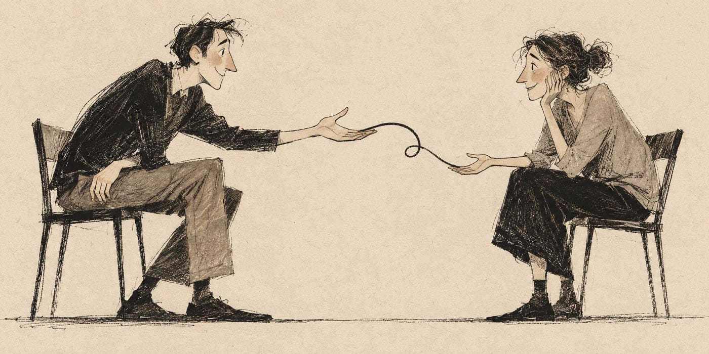 Two friends reach toward each other, connected by a curling line. Two friends reach toward each other, connected by a curling line.