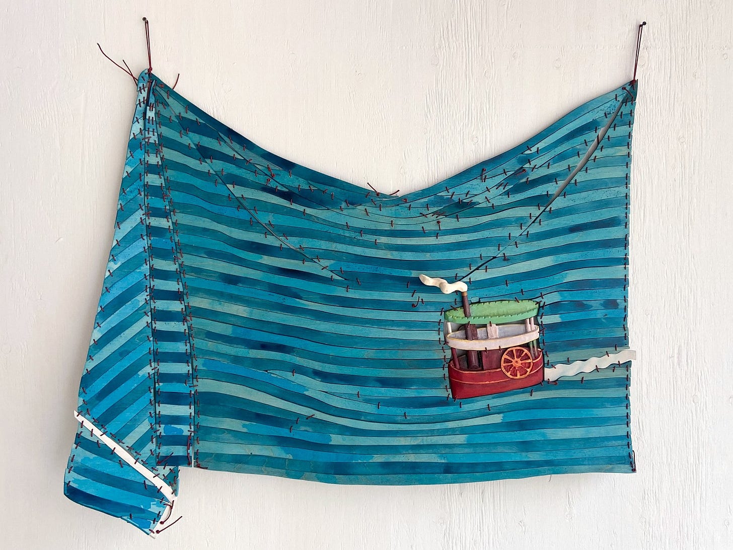 Dan Gunn- PADDLEBOAT SCENERY | 34 x 46 x 2 inches / 86 x 116 x 5 cm, acrylic, light stable metalized acid dye and polyurethane on birch plywood and poplar with nylon cord, 2026