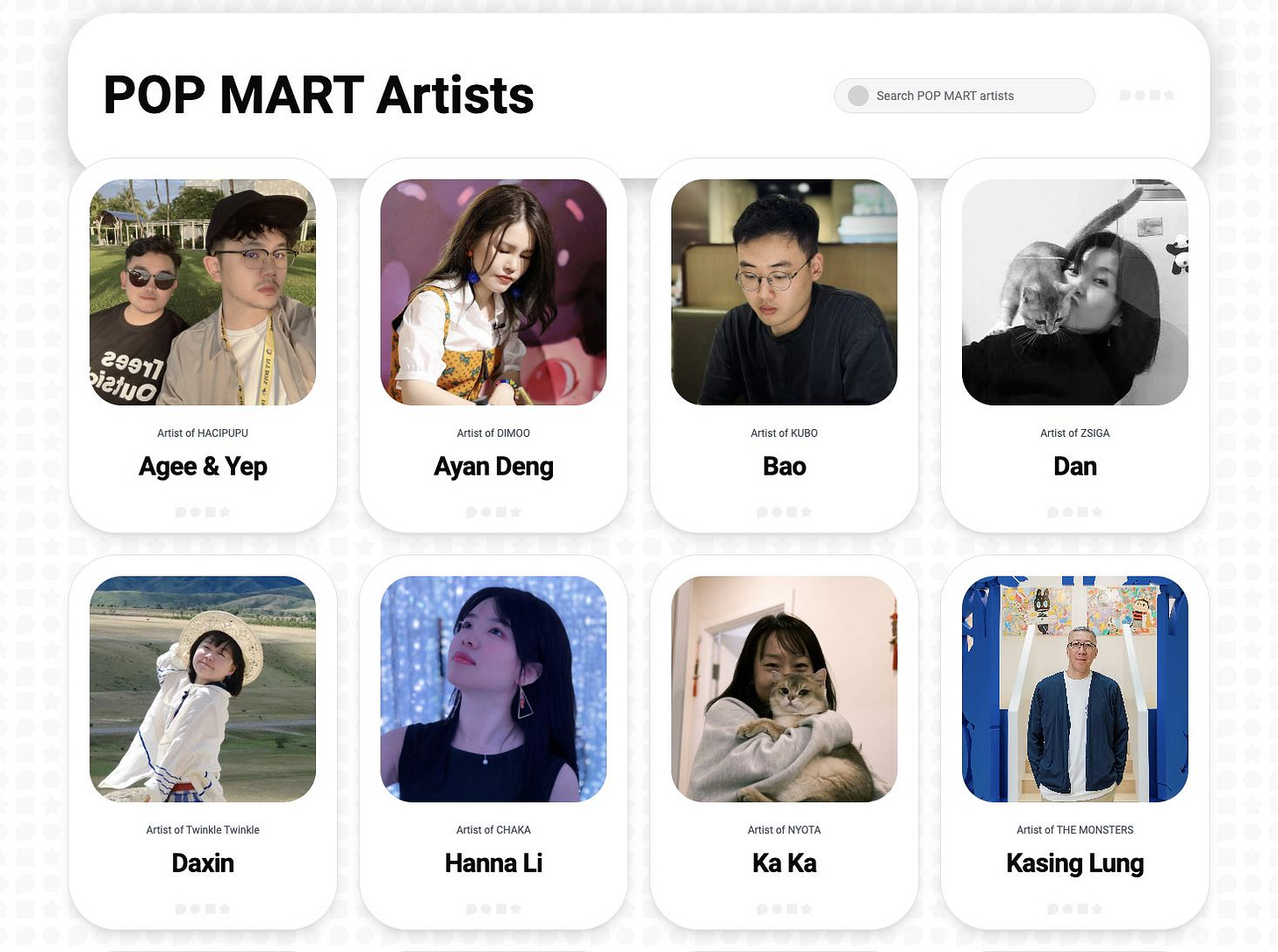Portrait cards of Pop Mart artists Agee & Yep, Ayan Deng, Bao, Dan, Daxin, Hanna Li, Ka Ka and Kasing Lung.	