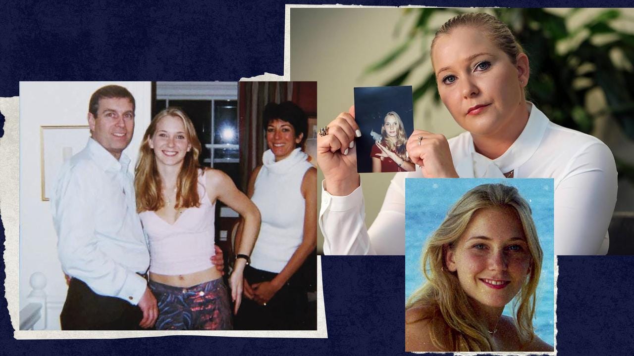 A collage of photos of Virginia Giuffre: her teenage photo with Prince Andrew and Ghislaine Maxwell, a portrait of Virginia as an adult holding an image of herself as a teenager, and a childhood photo of her smiling at the camera.