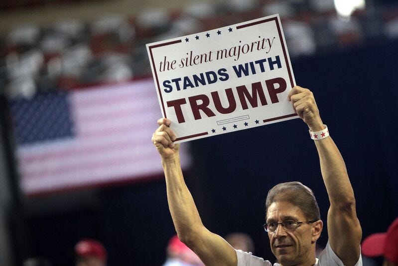 What Donald Trump Understands about American Men
Image description: a photo of a person's head and shoulders, they are at a rally holding a sign above their head that reads "the silent majority stands with trump"