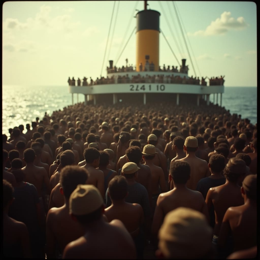 A dramatic, cinematic film still of a crowded ship's deck, set in 1935, as Jamaicans of African descent embark on their journey back to their ancestral homeland in Africa
