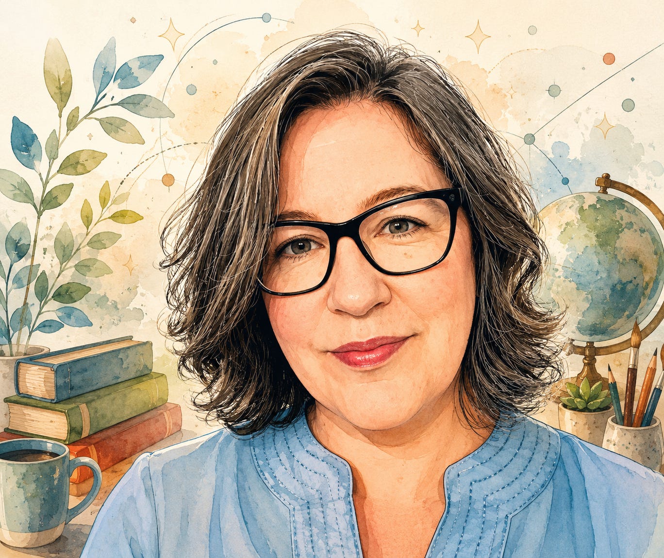 A polished watercolor-and-ink style portrait shows a woman facing forward with a gentle smile, wavy gray-brown hair, black glasses, and a light blue blouse with stitched detailing. The background blends academic and creative elements, including books, plants, a mug, a globe, brushes, pencils, soft watercolor washes, small sparkles, and abstract connecting lines. The overall tone is warm, thoughtful, scholarly, and lightly whimsical. A polished watercolor-and-ink style portrait shows a woman facing forward with a gentle smile, wavy gray-brown hair, black glasses, and a light blue blouse with stitched detailing. The background blends academic and creative elements, including books, plants, a mug, a globe, brushes, pencils, soft watercolor washes, small sparkles, and abstract connecting lines. The overall tone is warm, thoughtful, scholarly, and lightly whimsical.