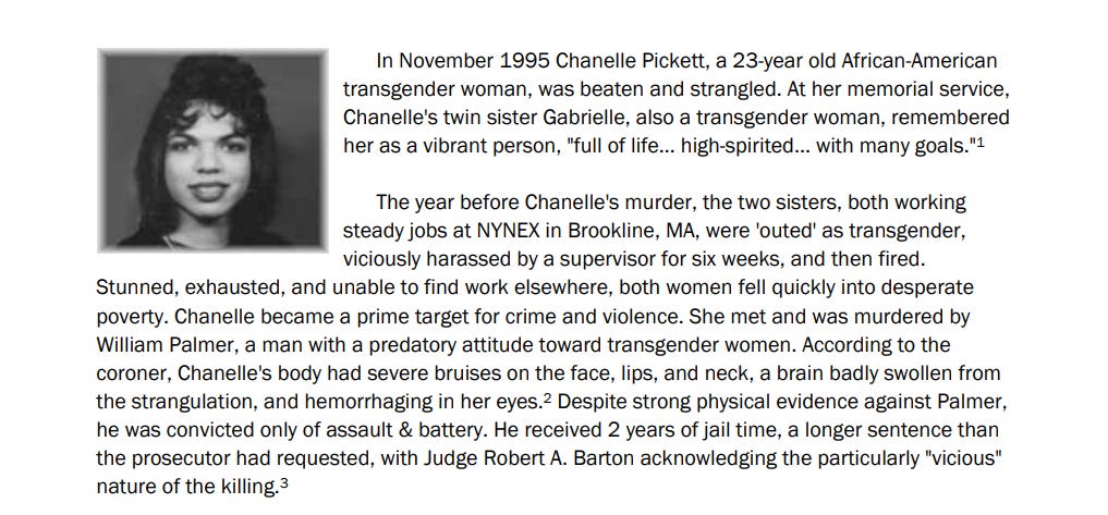 Black-and-white portrait of a young woman with short curly hair shown beside a detailed memorial passage about the 1995 killing of Chanelle Pickett, describing the harassment she faced, the violence that led to her death, and the broader history of anti-transgender violence.