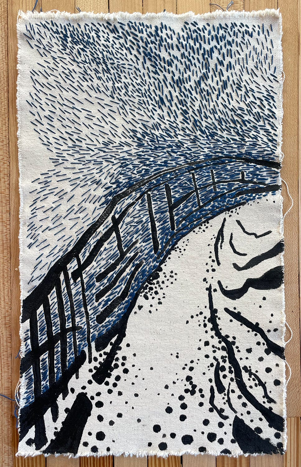 Raw canvas with black paint and blue embroidered thread.