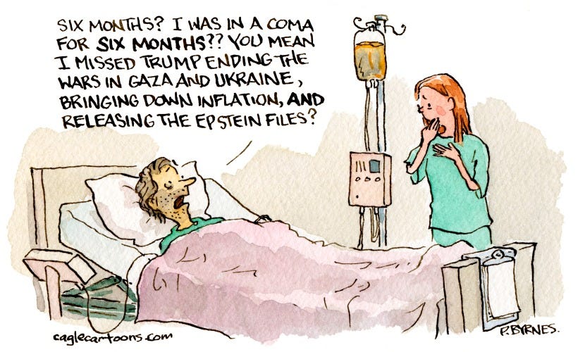 May be an image of hospital and text that says 'SIX MONTHS? I WAS IN A COMA FOR SIX MONTHS?? χου MEAN I MISSED TRUMP ENDING THE WARS IN GAZA AND UKRAINE, BRINGING DOWN INFLATION, AND RELEASING THE EP STEIN FILES? caglecartoons caglecar com RBYRNES.'