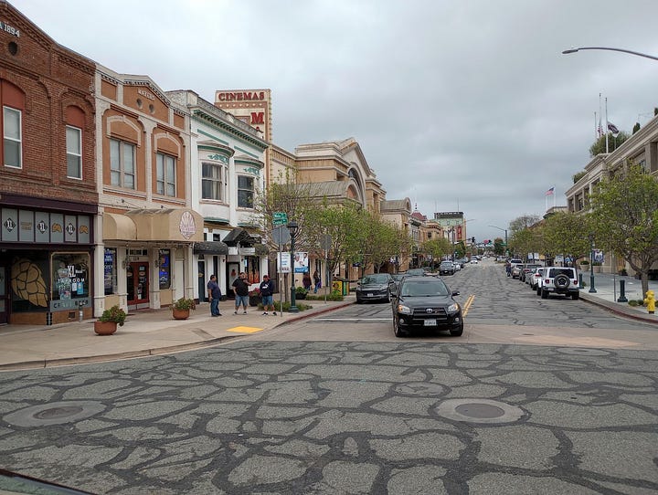 Long street of 19th century and early 20th century two-story buildings